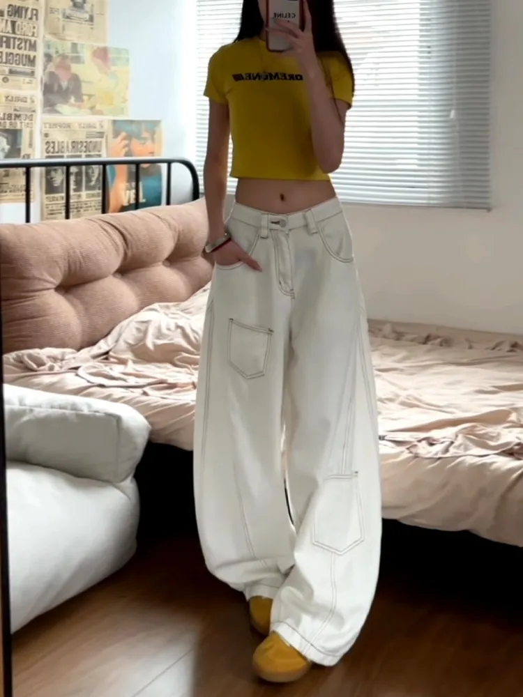 

American High Street White Design Sense Knife Jeans Women's Spring Autumn New Loose Slim High Waist Wide Leg Pants