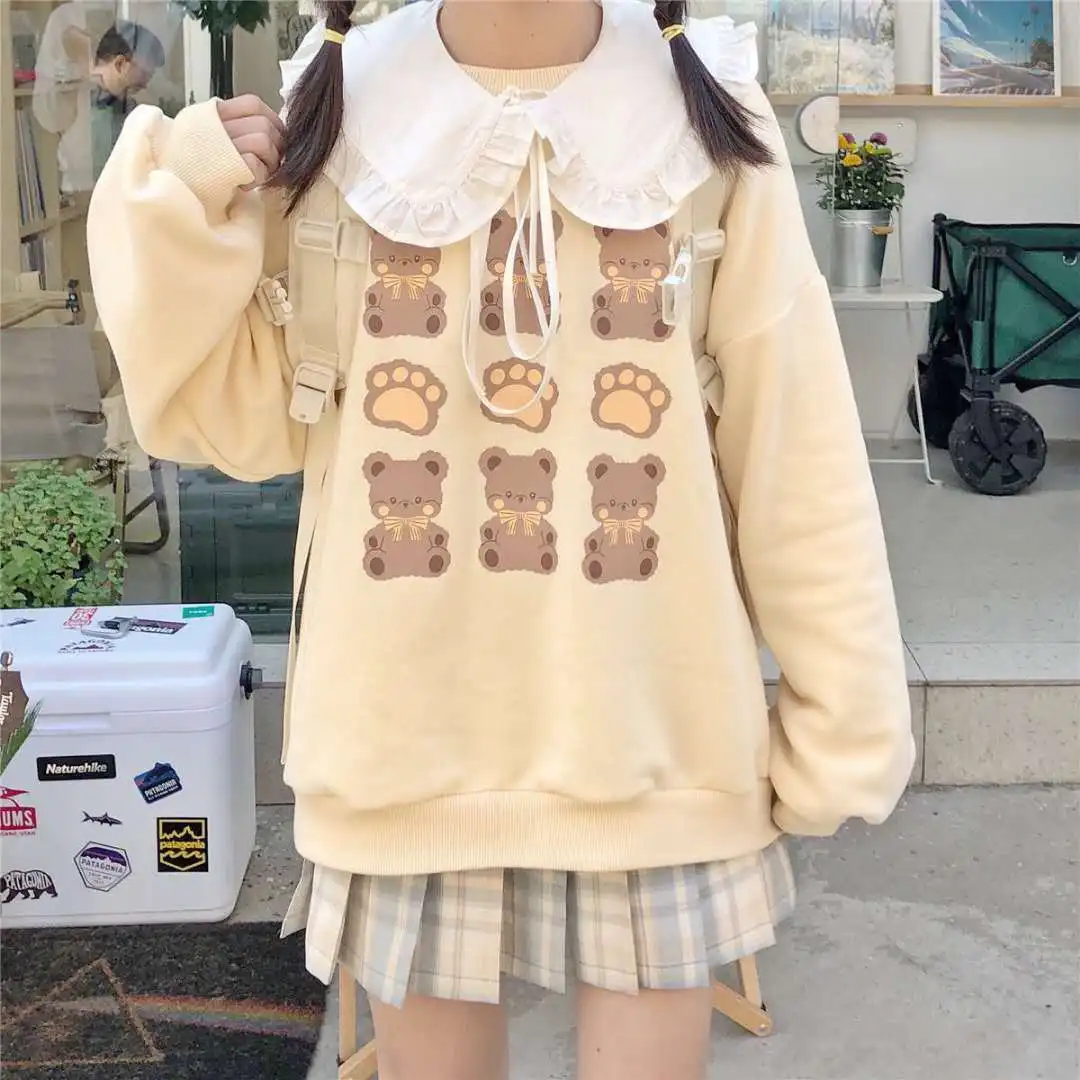 Korejpaa Japan Style Apricot Hoodie Women Cute Bear Printed Autumn Winter Clothes Sweet Round Neck Long Sleeve Top Sweatshirts