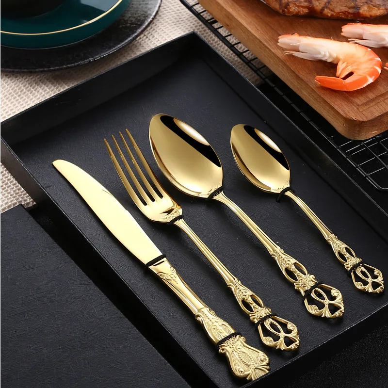 

4Pcs Luxury Stainless Flatware Multi-Color Creative Tableware Piercing Gift Box Knife Fork Spoon Dinnerware