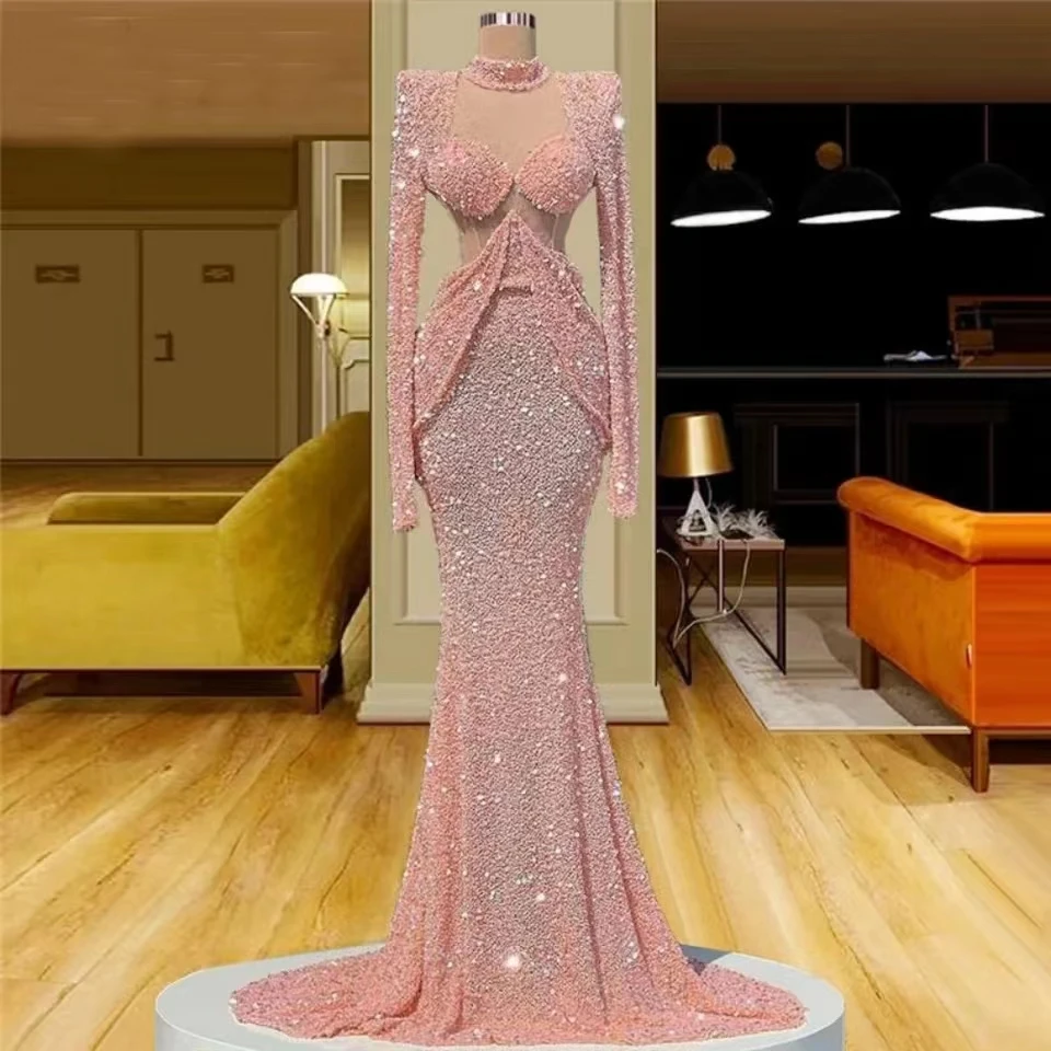 Vestido de noche de sirena rosa con cuentas de lujo personalizado, lentejuelas, cuello alto, mangas largas, vestidos de graduación, vestidos formales