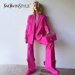 TWOTWINSTYLE Solid Two Piece Set For Women Lapel Long Sleeve Coat High Waist Pant Spliced Appliques Elegant Sets Female Fashion