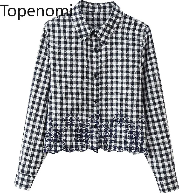 

Topenomi Hollow Out Embroidery Plaid Shirt Women Spring Lapel Single Breasted Design Crop Top Vintage Fashion Long Sleeve Blouse
