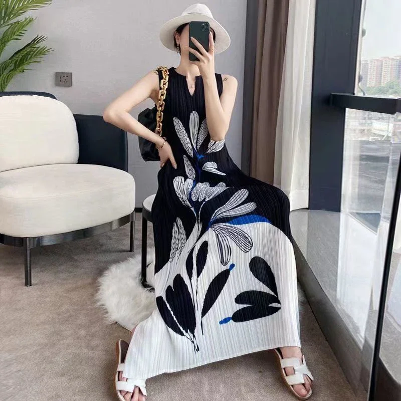 

Summer New Elegant Fashion Ink Printed Pleated Tank Dress Ladies Sleeveless Temperament Maxi Robe Dresses Women's Clothing A164