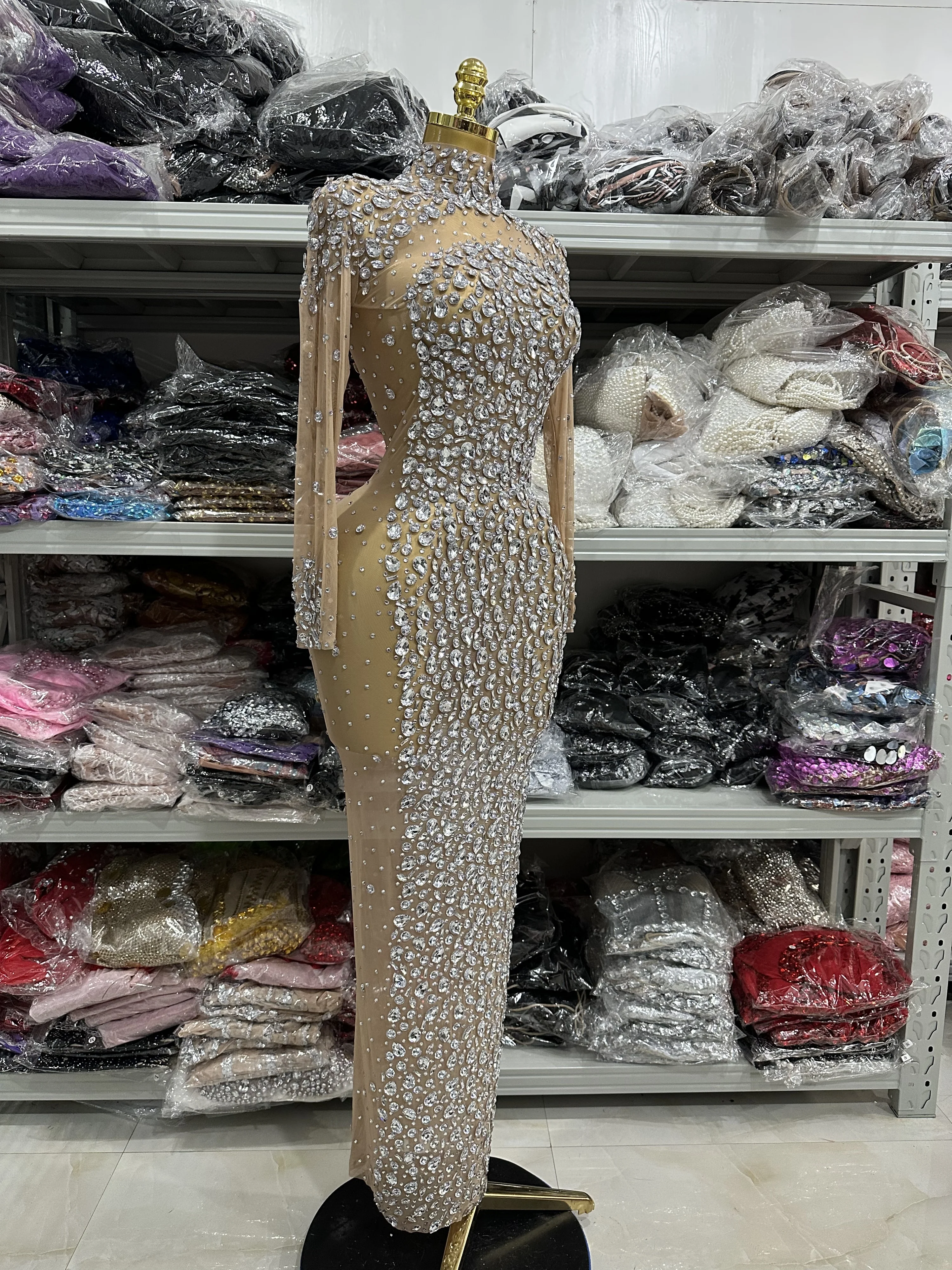 Top Quality Women Long Sleeve Big Crystal Mesh See Through Bodycon Long Gowns Dress Evening Party Celebrate Birthday Wear