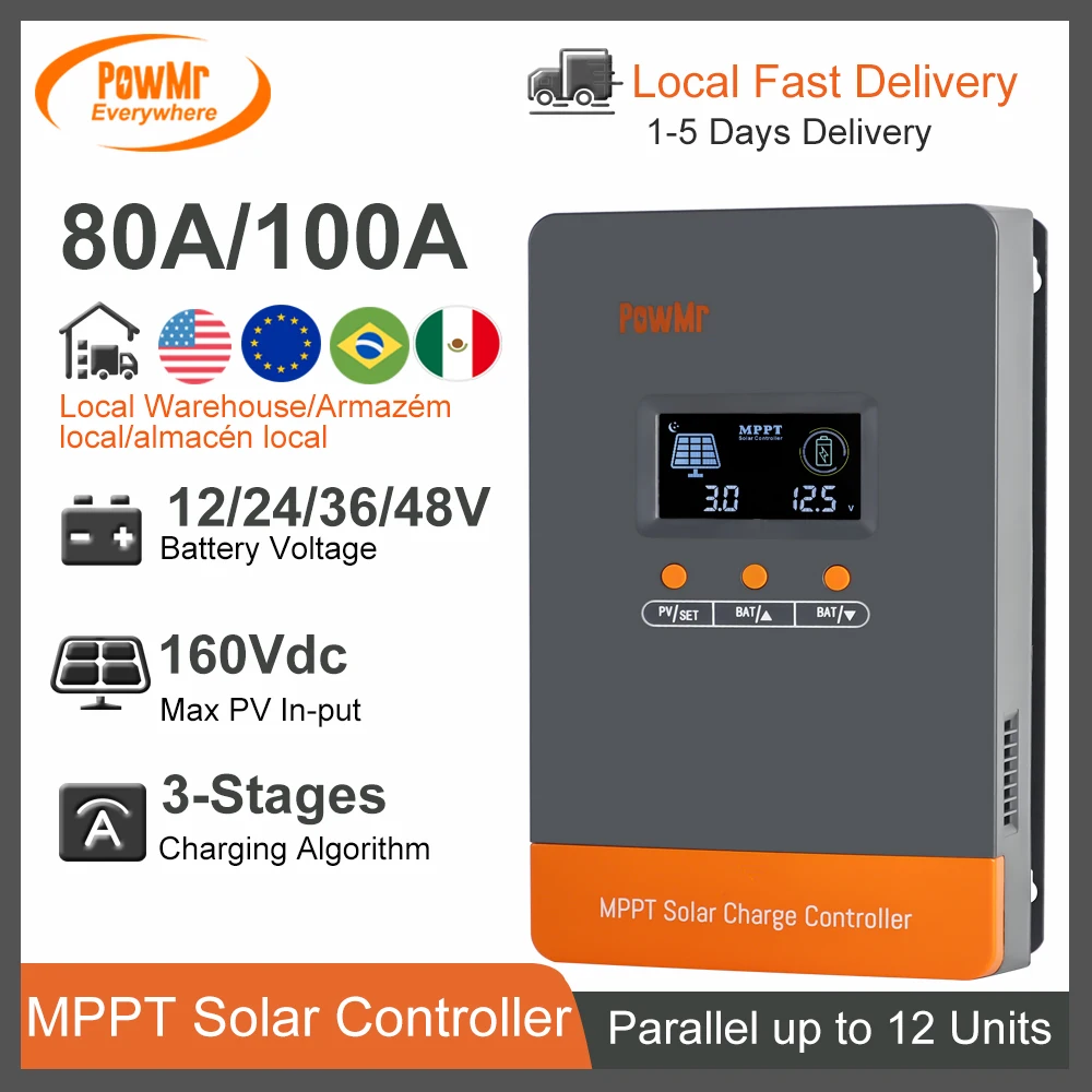 100A 80A MPPT Solar Charge Controller 12V/24V/36V/48V Max Solar Panel PV 160Vdc Parallel Up to 12 Units Fit for Lithium Battery