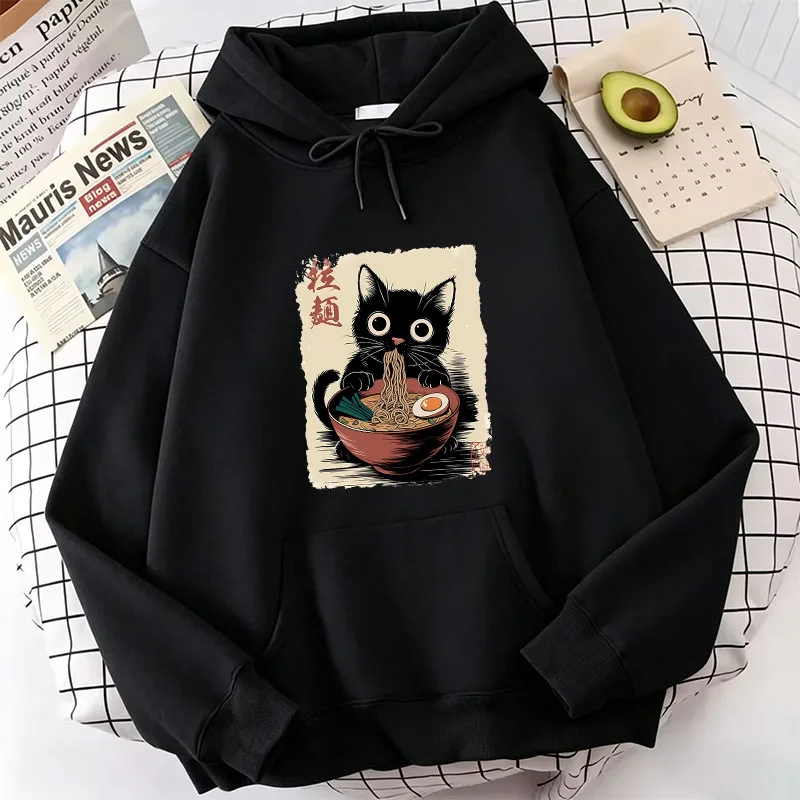 

Retro Japanese Style Ramen Cat Hoodie Manga Cat Sweatshirt Cute Hoody Autumn Winter Casual Hoodies Pullover Clothes