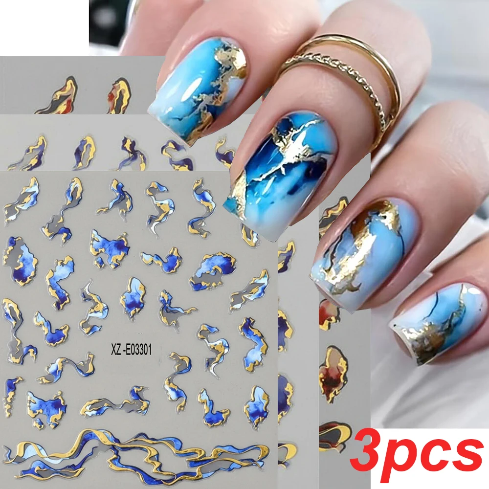 3pcs Golden Wave Lines Marble Nail Art Stickers Set 3D Blue Purple Brown Ink Design Metallic Geometric Manicure Decals Decor