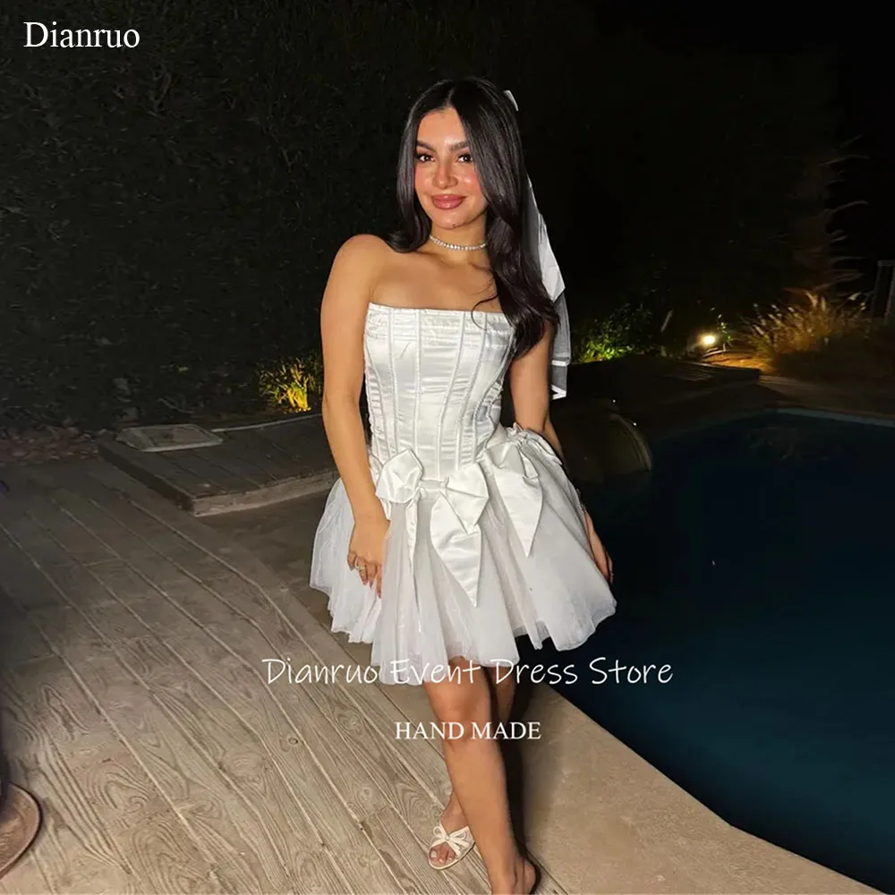 Dianruo โบว์ชุดแต่งงานที่ไม่มีสายหนัง Mini ความยาว Civil เจ้าสาวชุดราตรีแขนกุดอย่างเป็นทางการ Lace Up กลับชุดเจ้าสาวที่กําหนดเอง