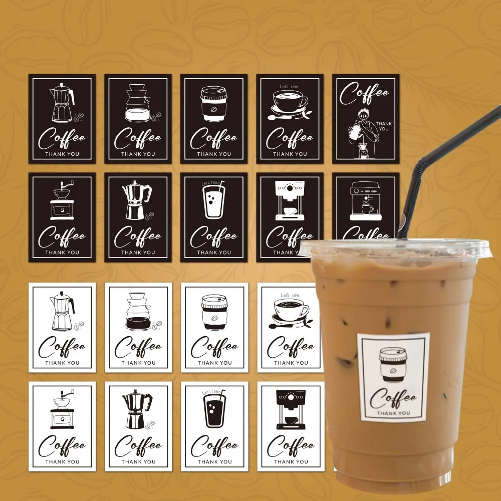 100Pcs Coffee Cup Thank You Stickers Black White Coffee Themed Sticker Labels for Small Business Packaging Party Favors