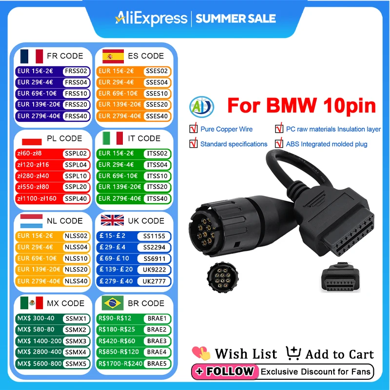 

For BMW ICOM 10pin OBD2 Adapter Cable OBDII Motorcycle K-Line DCAN Remove Re-program Adaptation Programmer Diagnostic Connector