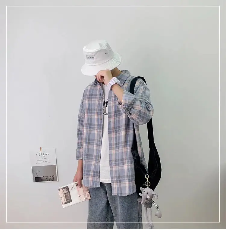 Casual Plaid Long Sleeve Men's Shirt Student Fashion Spring Autumn Outerwear Hong Kong Style INS Version Checkered Button up