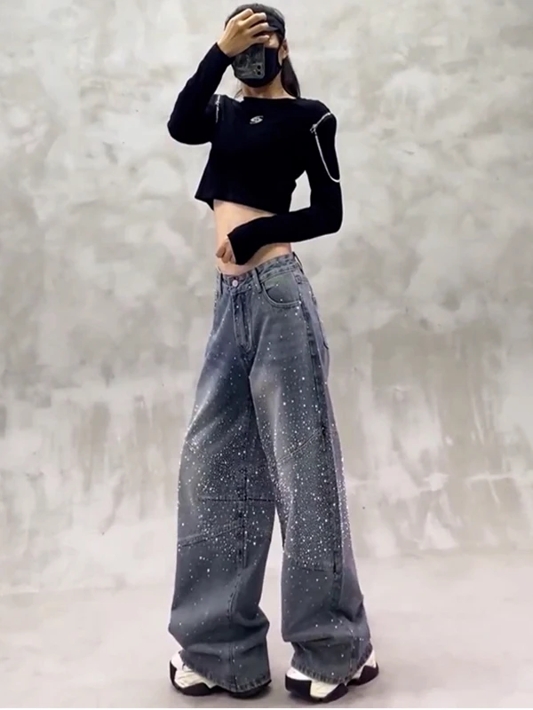 

High Waist Loose Fit Straight Leg Denim Jeans Women's Glittering Star Design Paris Flashing Vintage Slimming Durable Commute ...