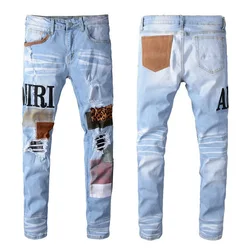 Fashion Brand New Embroidery Patchwork Jeans Men High Street New Blue Stretch Slim Fit Jeans Big Size Designer Jeans Mens