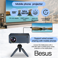 Besus J12C PRO Mini Projector 5000 Lumens ,native 720P and Wired Screen, Support 1080P With TV Stick Smartphone/HD/USB/AV
