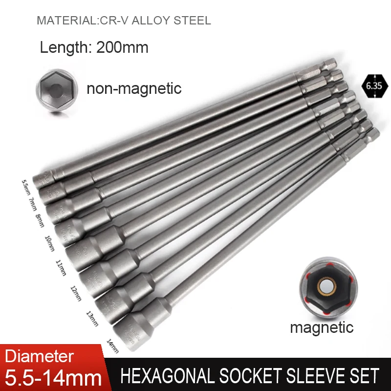 1Pcs CR-v Alloy Steel Magnetic Screwdriver Bits 1/4 Inch 6.35mm Lengthen Hex Hexagon Socket Sleeve Screw Driver Tool 5.5-14mm
