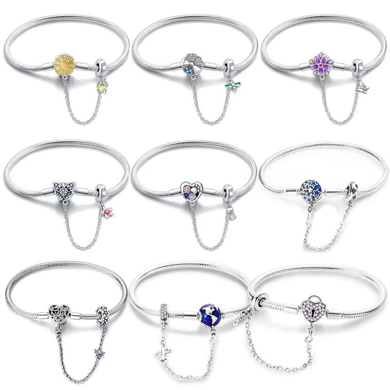 Springtime Bracelet 925 Silver 17-20CM Earth Star Flowers Butterfly Magritte Heart Original Bracelets Fit DIY Charms Jewelry