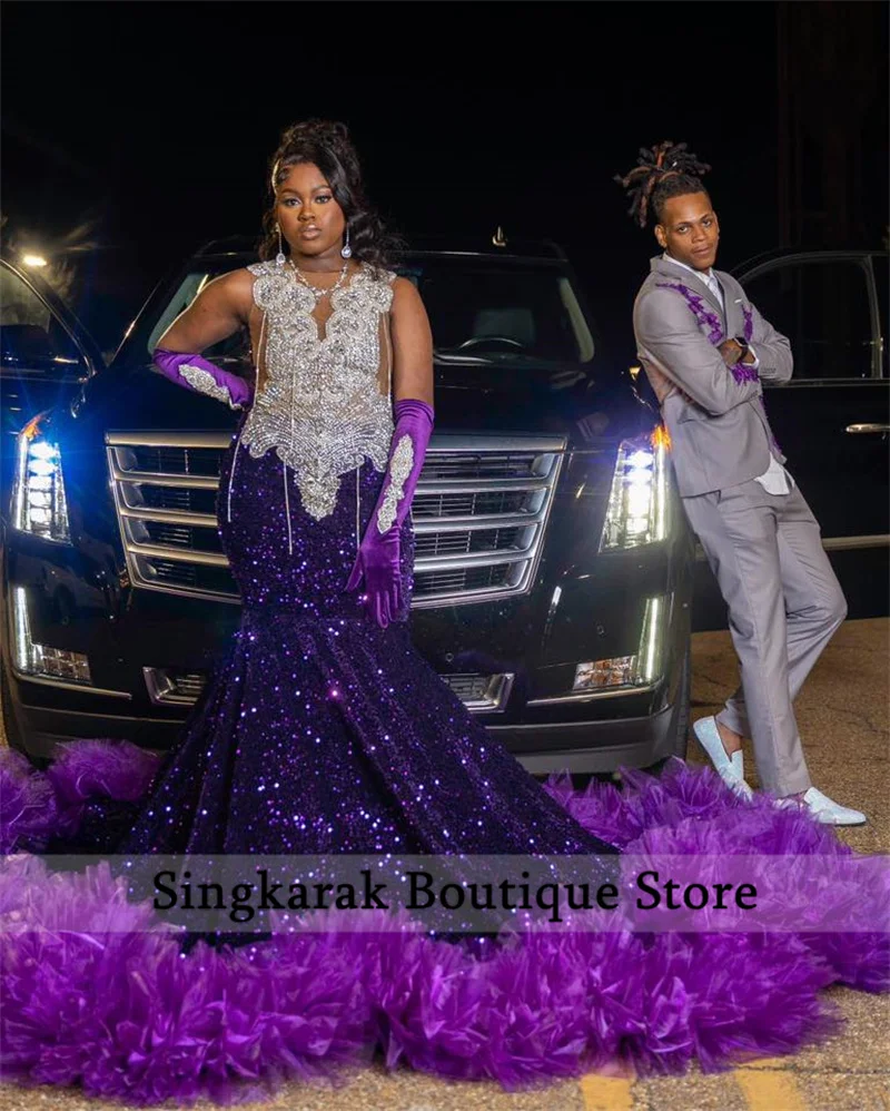 New Purple Diamonds Prom Dress With Two Gloves Glitter Bead Crystal Tassels Sequins Gown Birthday Party Dress Customized image 5
