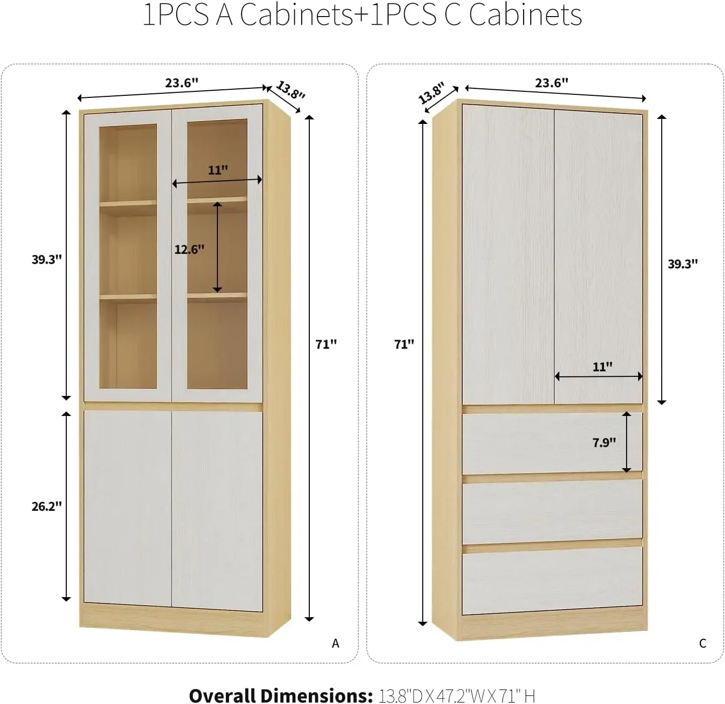 2PCS Vertical File Cabinet, 5-Tier Modern Bookshelf with 3 Large Drawer, Glass Display Cabinet with Lager Storage Shelf