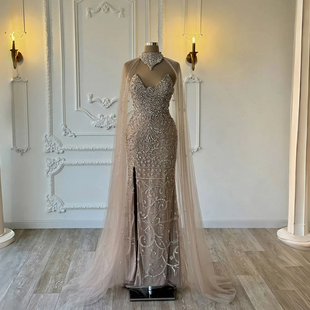 

YQLNNE 026, уникальные обнаженные вечерние платья с кристаллами и шалью, Дубай, длинный разрез, бисер, русалка, вечернее женское вечернее платье