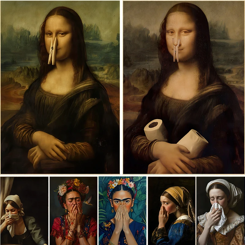 Vintage Humor Famous Portrait Bathroom Mona Lisa Funny Bad Smell Poster Canvas Painting Wall Art Pictures Home Toilet Decor
