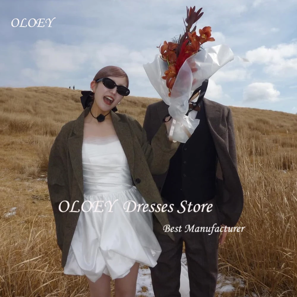 

OLOEY 2025 Simple Off Shoulder A-line Short Wedding Dresses Pleat Korea Photoshoot Sleeveless Customized Mini Bridal Gown