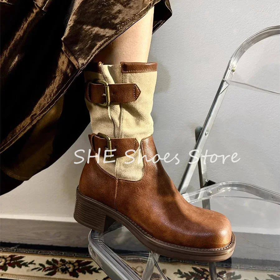 

Fashion Mixed Color Belt Buckle Women Mid-Calf Boots Leather Splicing Chunky Heel Western Cowboys Boots Ladies Dress Shoes