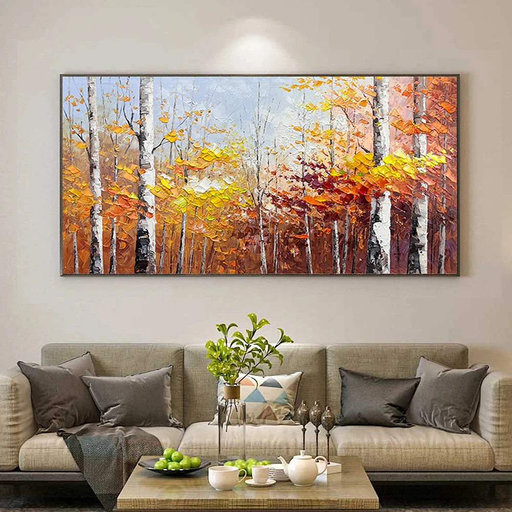 

Hand Painted Oil Painting Original Autumn Landscape Painting Abstract Forest Texture Mural Yellow Birch Tree Living Room Decor