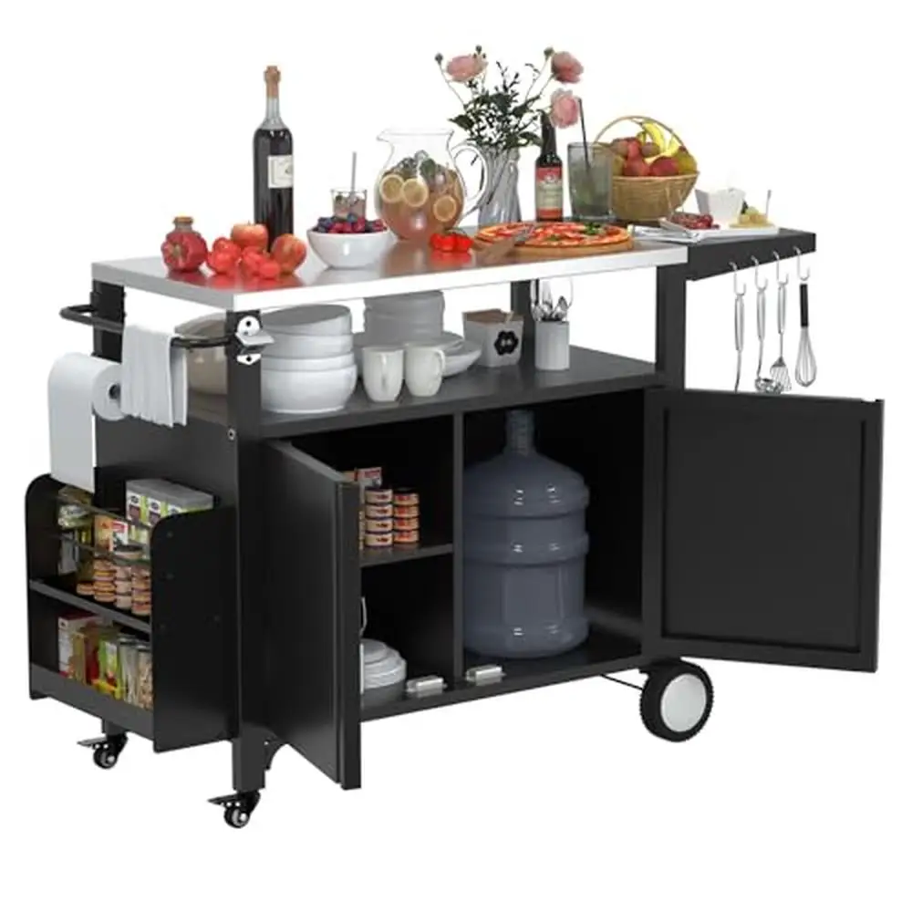 Outdoor Grill Cart Rolling Bar with Stainless Steel Top Kitchen Prep & Storage Cabinet Pizza Oven Stand Heavy-Duty Metal