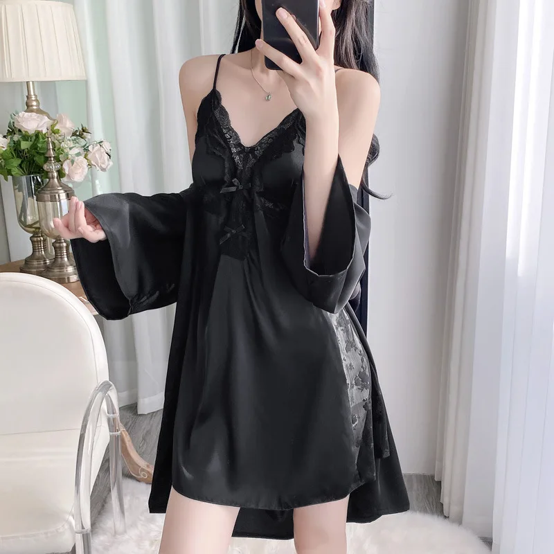 2PCS V-Neck Bathrobe Suit Women Lace Robe Gown Intimate Nightgown Spring Summer Ice Silk Kimono Sleepwear Lingeriewear