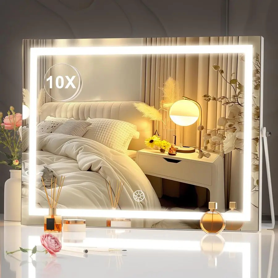 조명이 있는 화장 거울, 17.7 x 13.8 LED 메이크업 거울, 10배 확대, 스마트 터치 3색 조광, 밝기 조절 가능