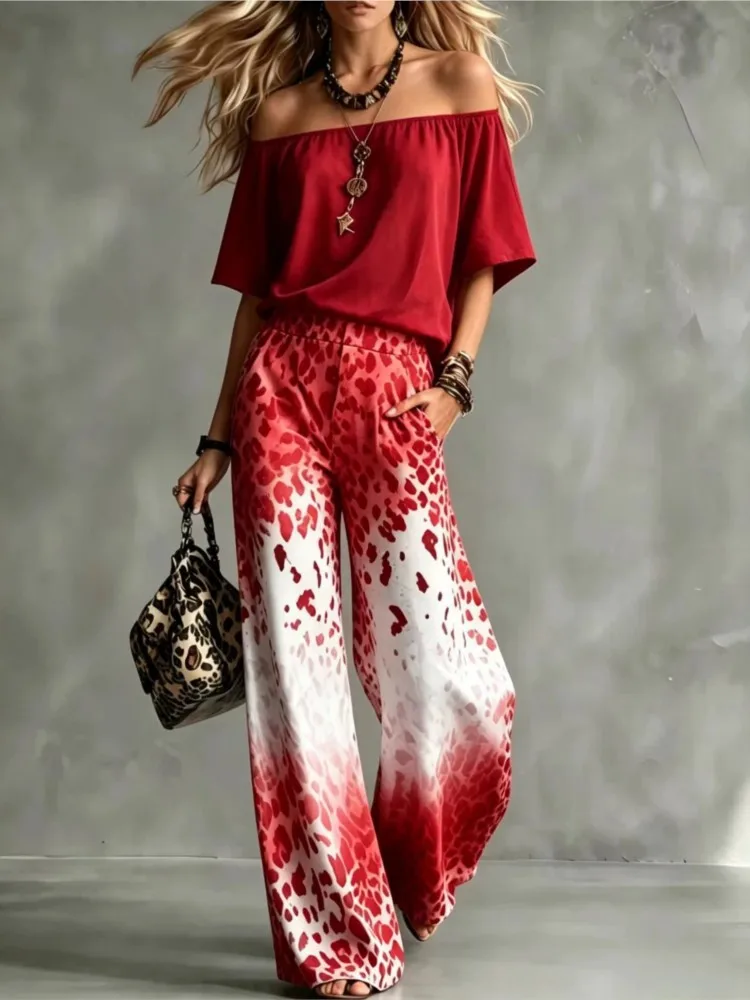 Women 2 Piece Outfit Set Off Shoulder Short Sleeve Solid Blouse Gradient Leopard Print Wide Leg Pants Casual Loose Trousers Suit