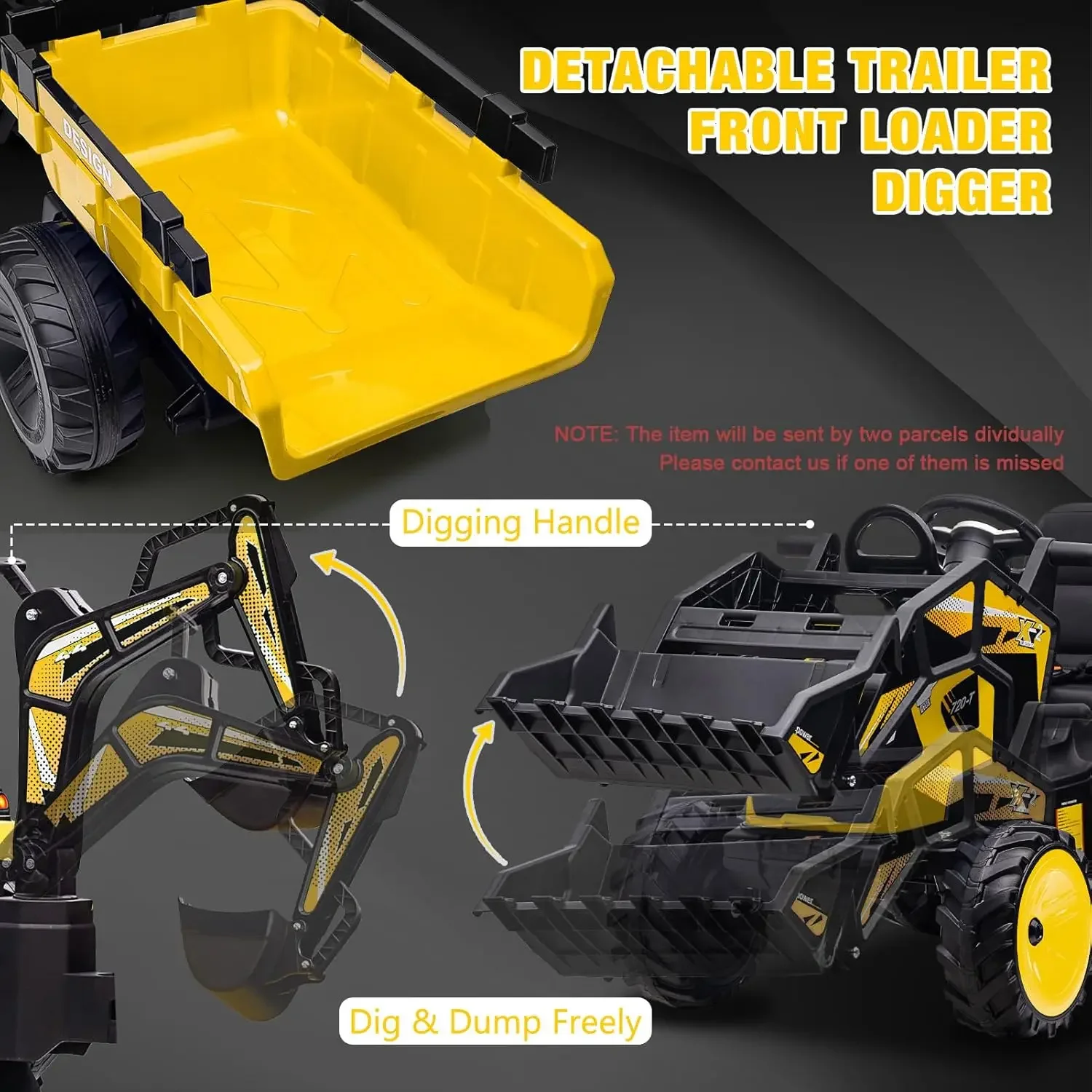 3 in 1 Ride on Tractor, Excavator & Bulldozer, 24V Electric Vehicle w/Trailer, Shovel Bucket, Digger, Remote Control