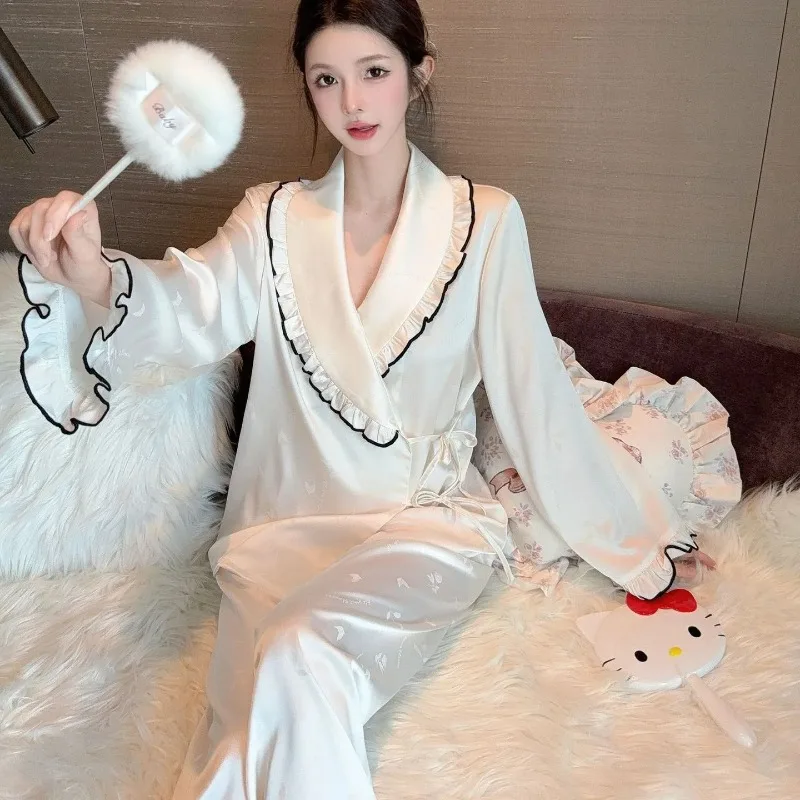 

Женская одежда для сна из ледяного шелка, женский жаккардовый атласный пижамный комплект с оборками, брюки с лацканами, домашняя одежда из двух предметов