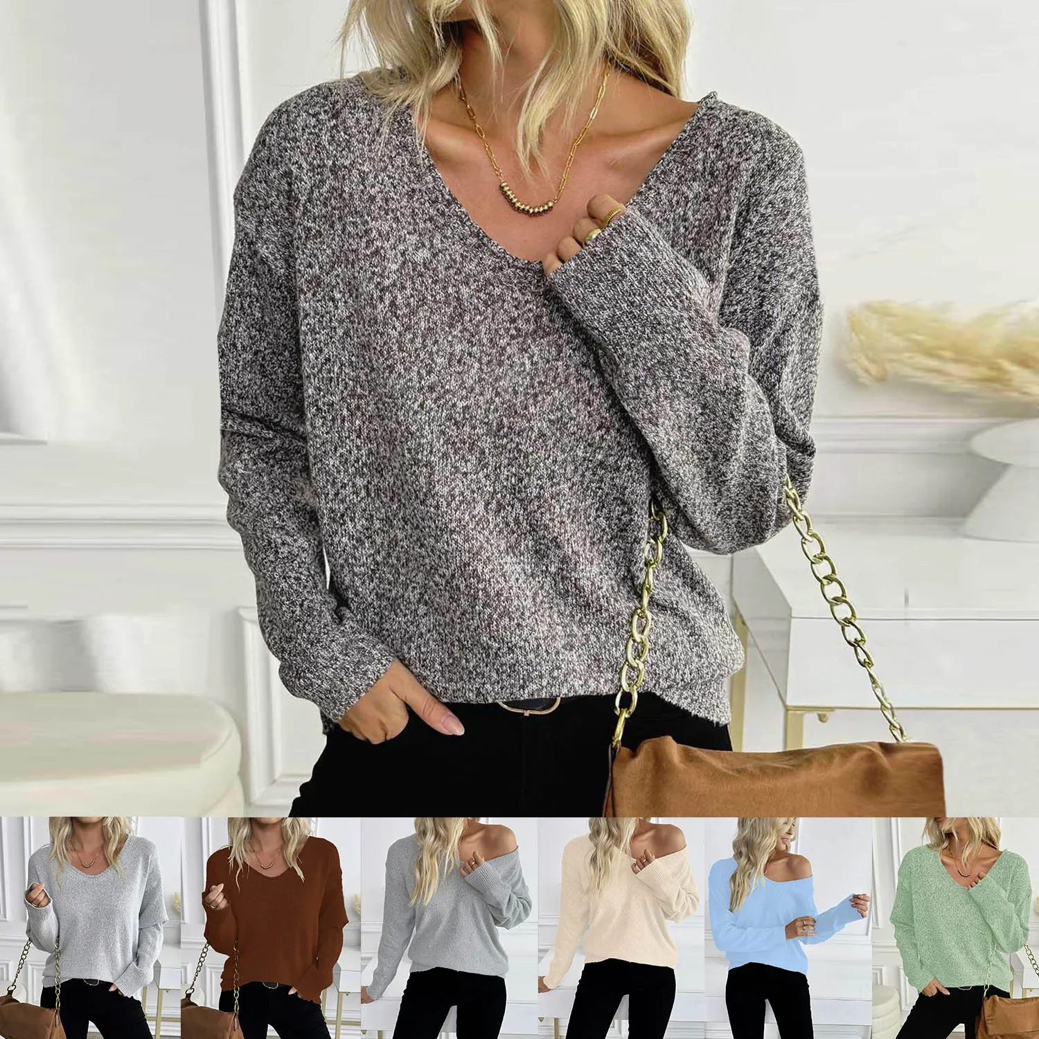 

Classic V-Neck Sweater Simple Style Multi-Color Knitted Sweater Comfortable Casual Korean Style for Women Adult Size