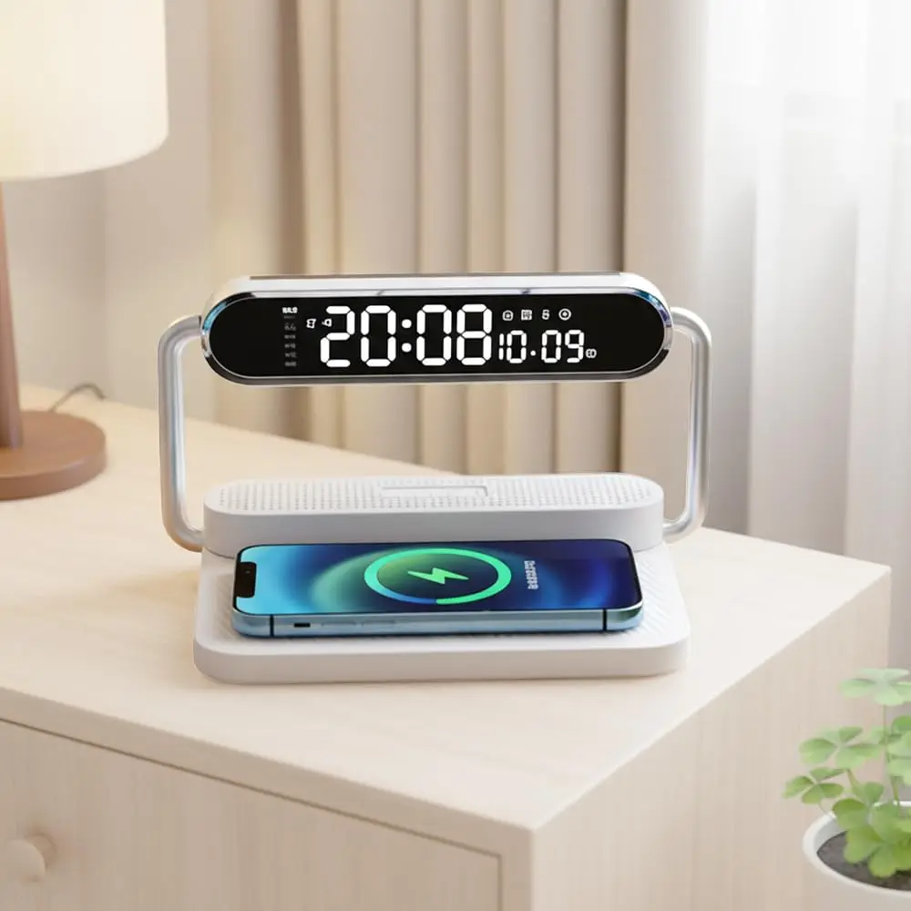 

Беспроводная зарядная станция 4-в-1 с Bluetooth-колонкой и будильником - быстрая зарядка Qi2.2 15W, включает ночник