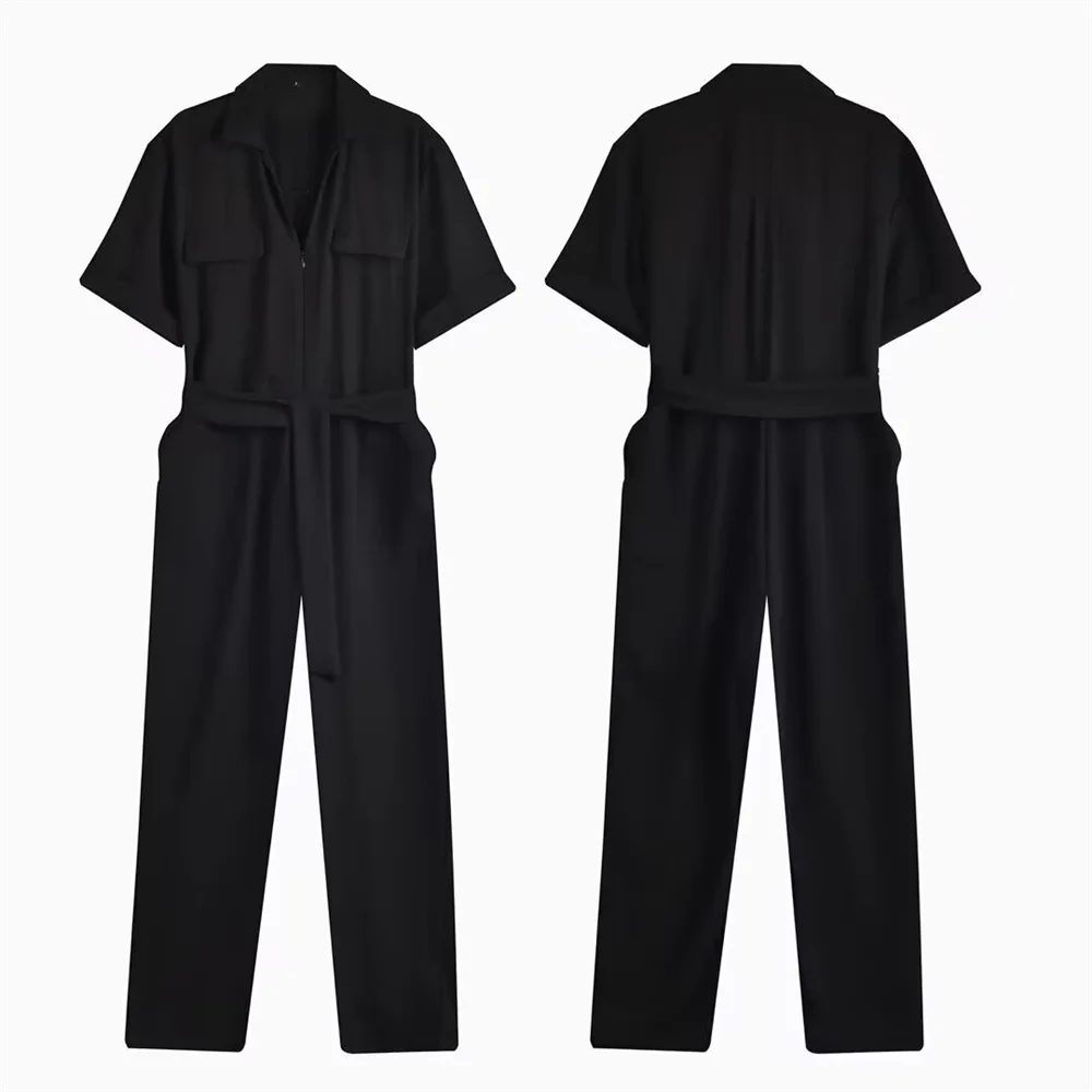 

BMURHMZA Summer New Product Women's Fashion Casual Collar Short Sleeve Zipper Decoration Design Sense jumpsuit pants
