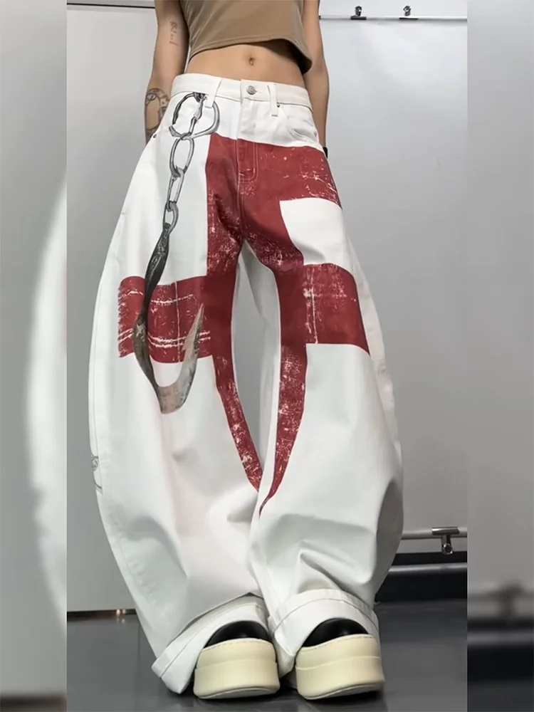 

Retro American Loose Lazy Loose Feel Denim Jeans Women Spicy Girl Personality Trend Color Print Long Pants High Waist