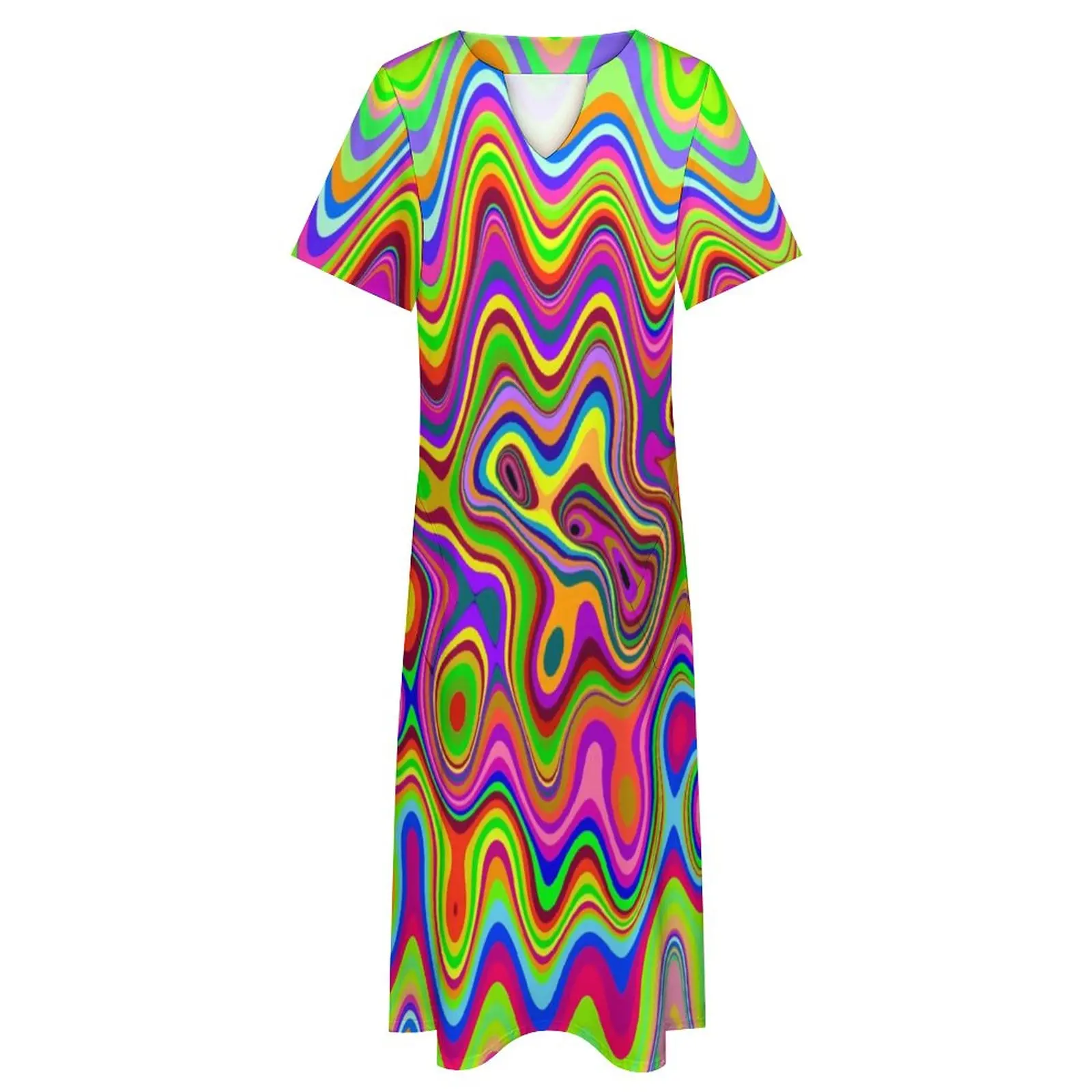 Psychedelic Glowing Dress Abstract Liquid Print Kawaii Maxi Dress Aesthetic Boho Beach Long Dresses V Neck Graphic Clothing