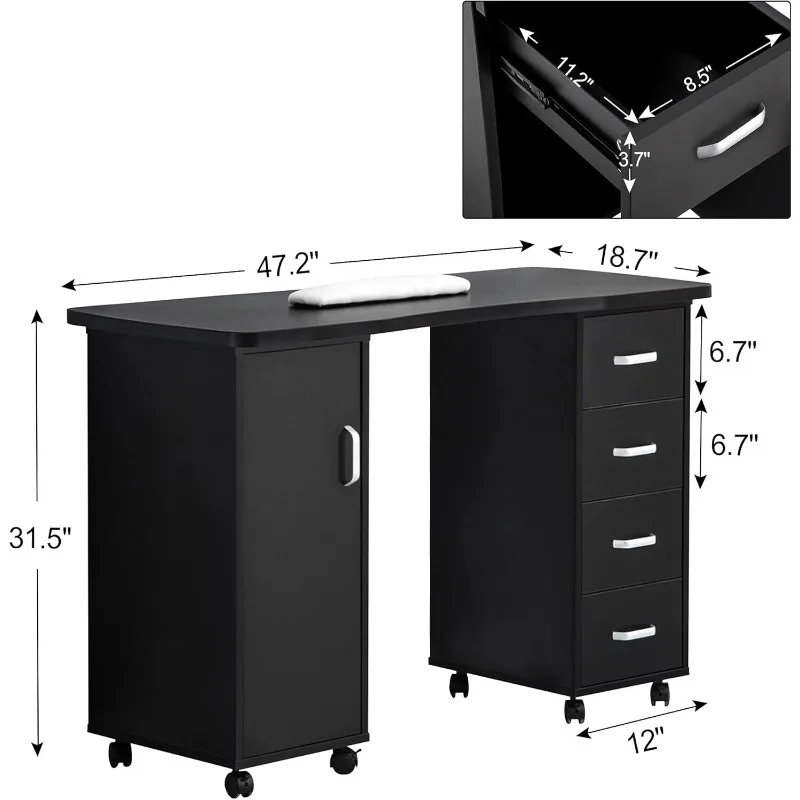 BarberPub Manicure Table, Acetone Resistant Nail Desk, Nail Table with 4 Drawers, 2 Cabinet, Lockable Wheels, Wrist Pad