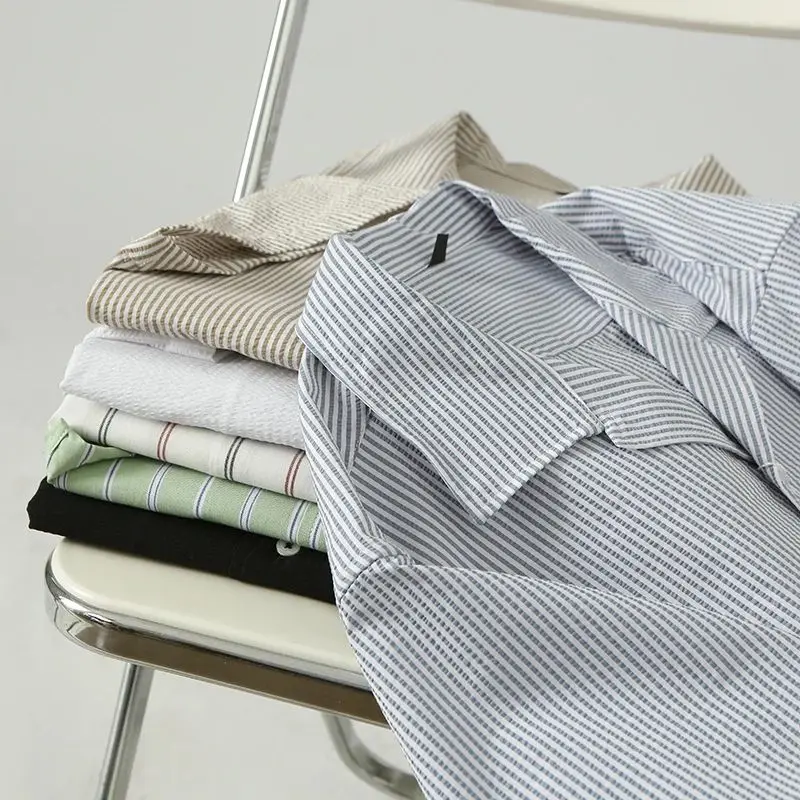 

Cool Sensation Series Cuban Collar Men's Loose Fit Summer Casual Short Sleeve Shirt Vertical Stripe Texture Fashionable