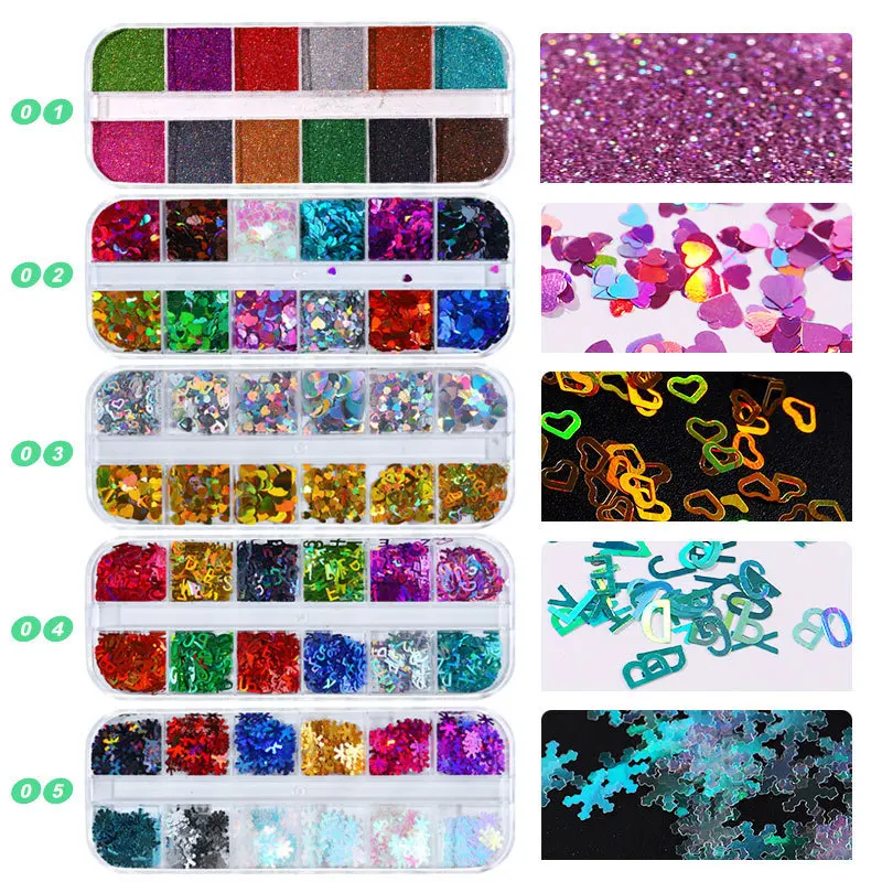 12 Grid Multiple Styles Mixed Sequins Glitter Flakes for Epoxy Resin Molds Filler DIY Nail Decoration Sequins Jewelry Accessorie