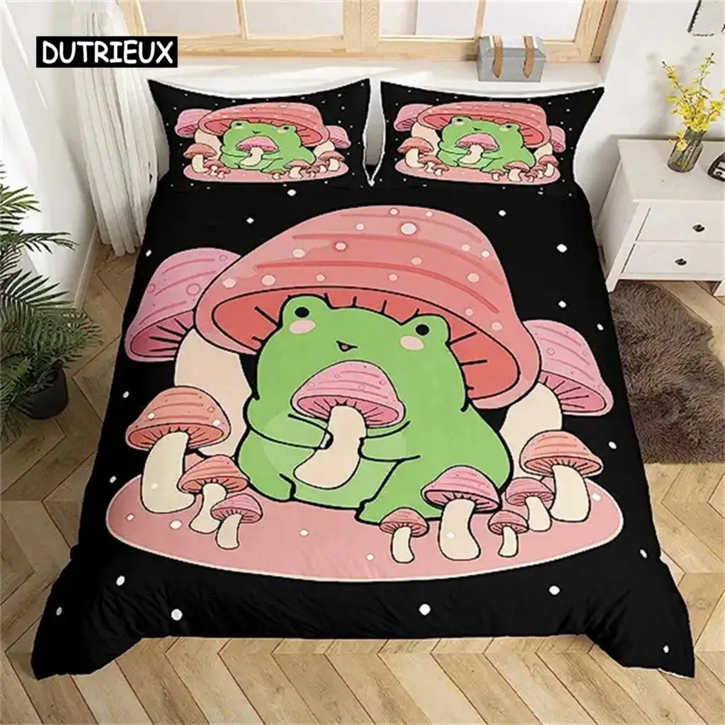 Duvet Cover Cartoon Mushroom Frog Cute Frog Duvet Cover for Kids Boys Girls Natural Wild Fungus Comforter Cover Pink Mushroom