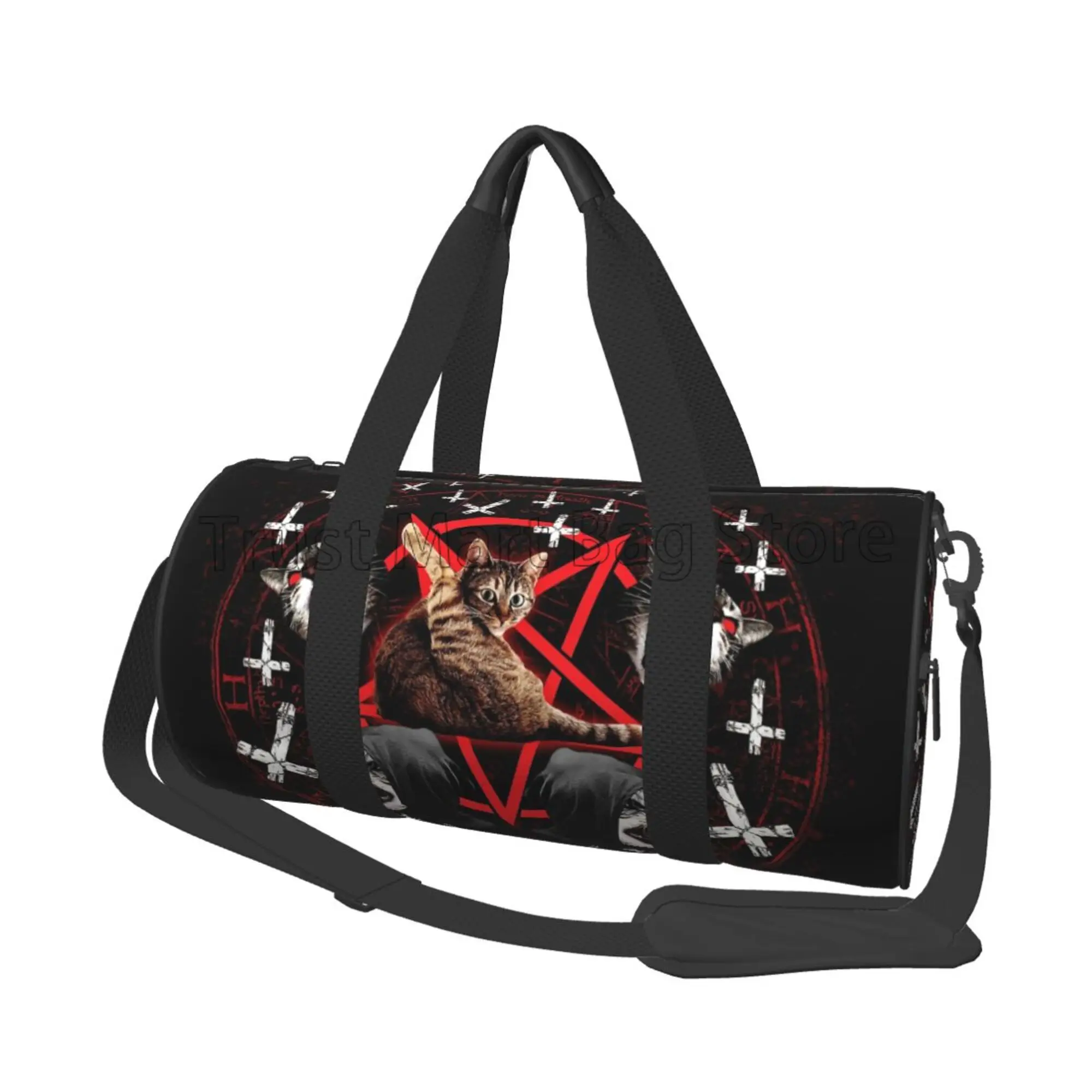 Pentagram Satanic Cats Death Black Metal Travel Duffel Bag Waterproof Foldable Weekender Overnight Tote Bags for Sports Gym Yoga