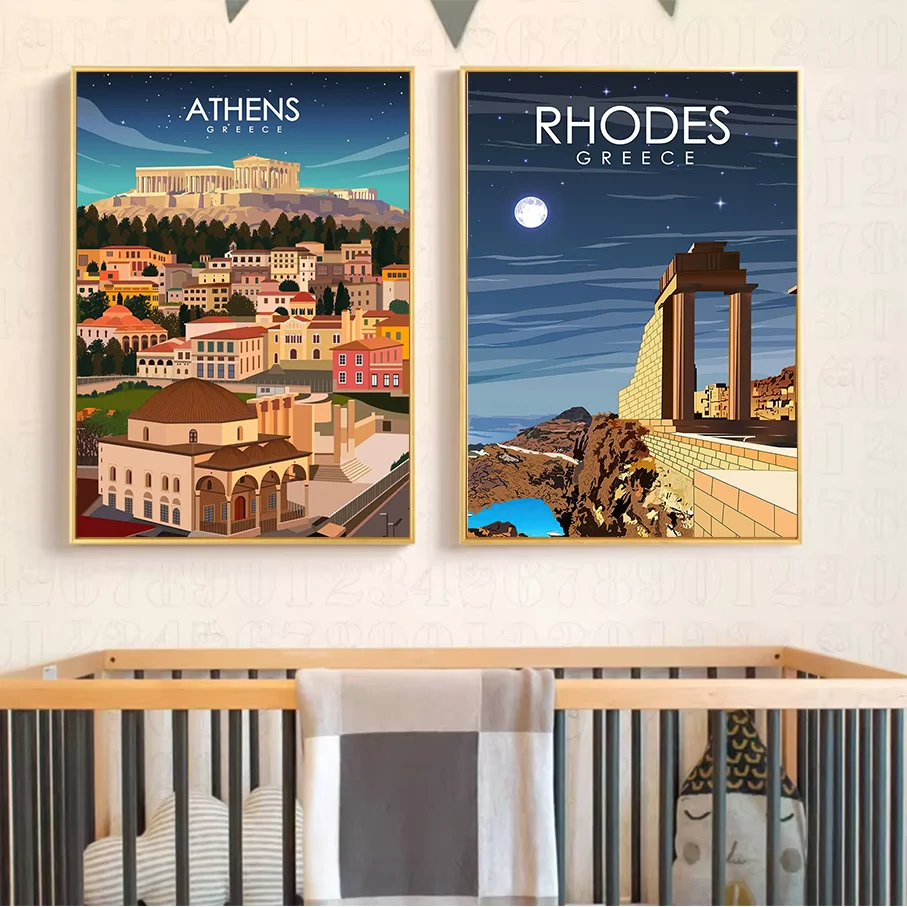 Frameless Canvas Wall Art Athens Greece Rhodes Vintage Travel Poster Acropolis Moon Night Sky Illustration