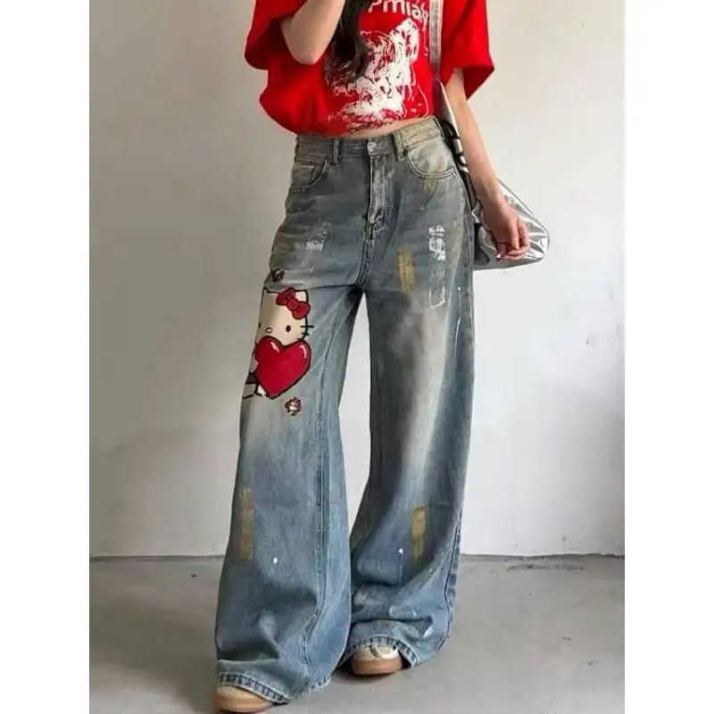

Sanrio Cartoon Jeans Hello Kittys Straight Wide Leg Trousers Girl New Style Loose Comfortable Versatile Gift for Girlfriend