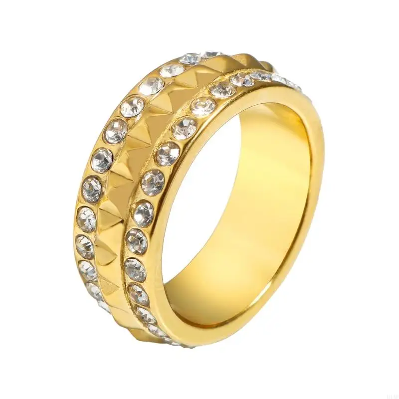 91AF Elegant Diamonds Studded Pyramid Rings Geometric Designs Stainless Steel Wedding Band For Men And Women