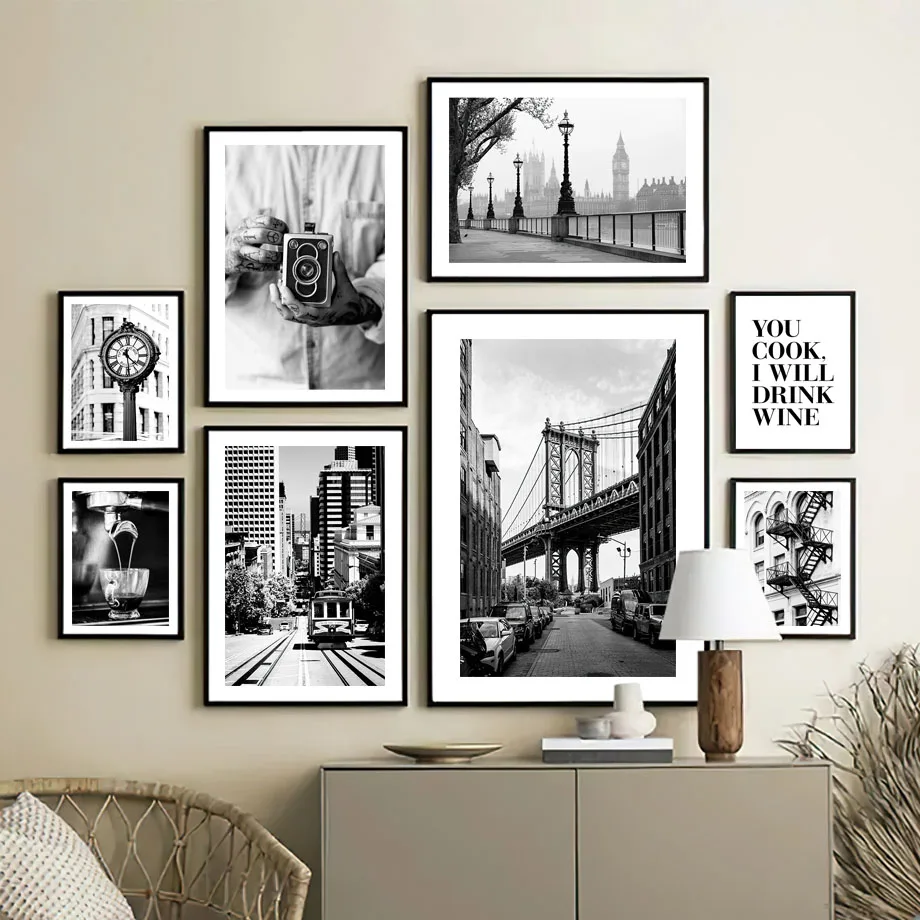 

Vintage Camera Bridge Tram Guitar Wall Art Canvas Painting Nordic Posters Prints Black and White Pictures For Linving Room Decor