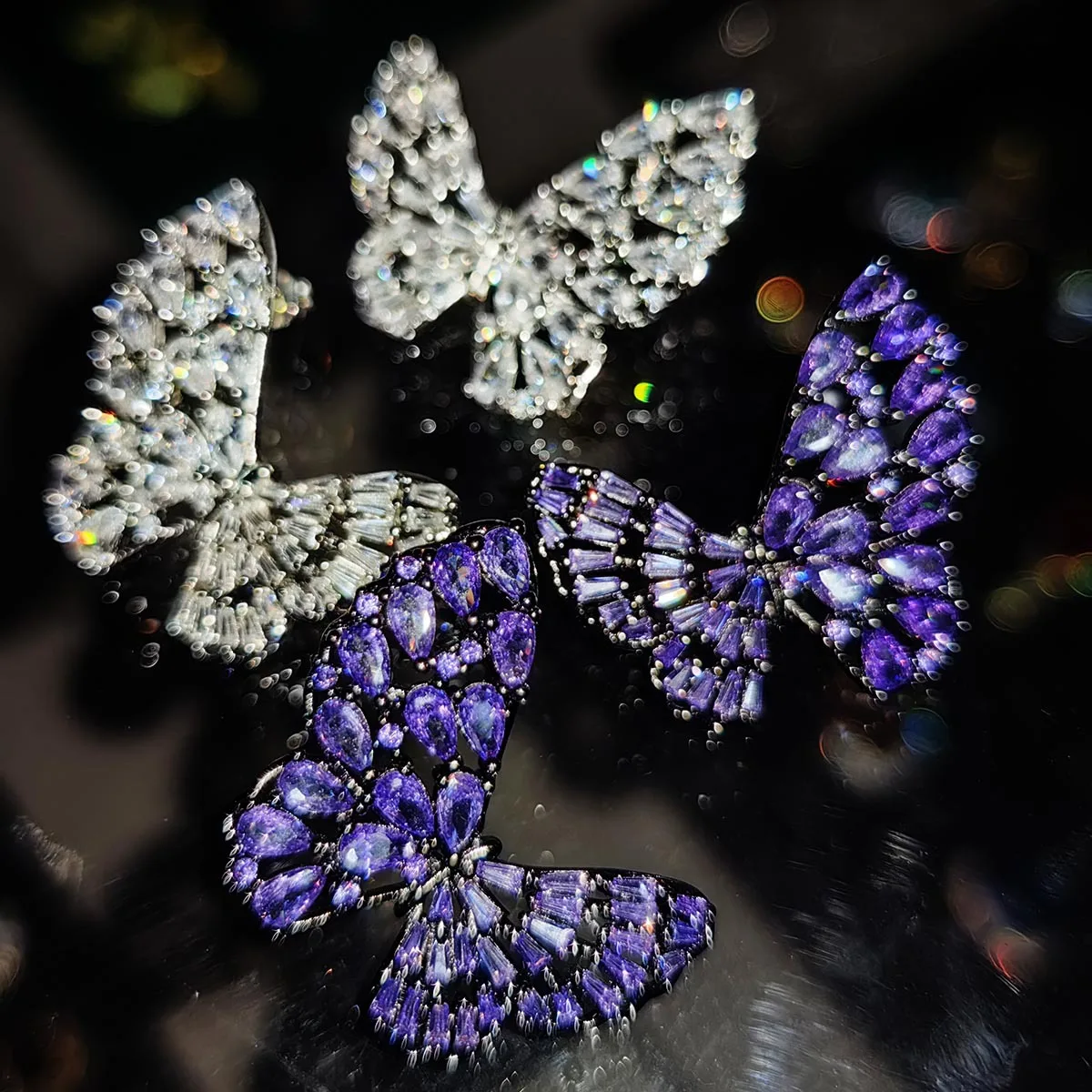 

Foydjew Exquisite Brilliant White/Purple Full Diamond Butterfly Earrings 925 Silver Needle Black Gold Stud Earring For Women