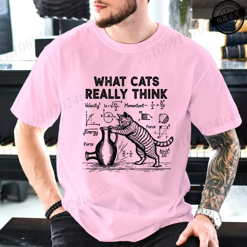 Cat Physics Science Joke Men's T-Shirt, Fun Math Cat Print T-Shirt, Men's Short Sleeve Street Style, Large Sizes Available