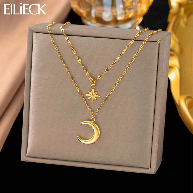 Collier pendentif étoile et lune rétro pour femme EILIECK, en acier inoxydable plaqué or 18 carats PVD, étanche, chaîne de cou superposée, bijoux quotidiens